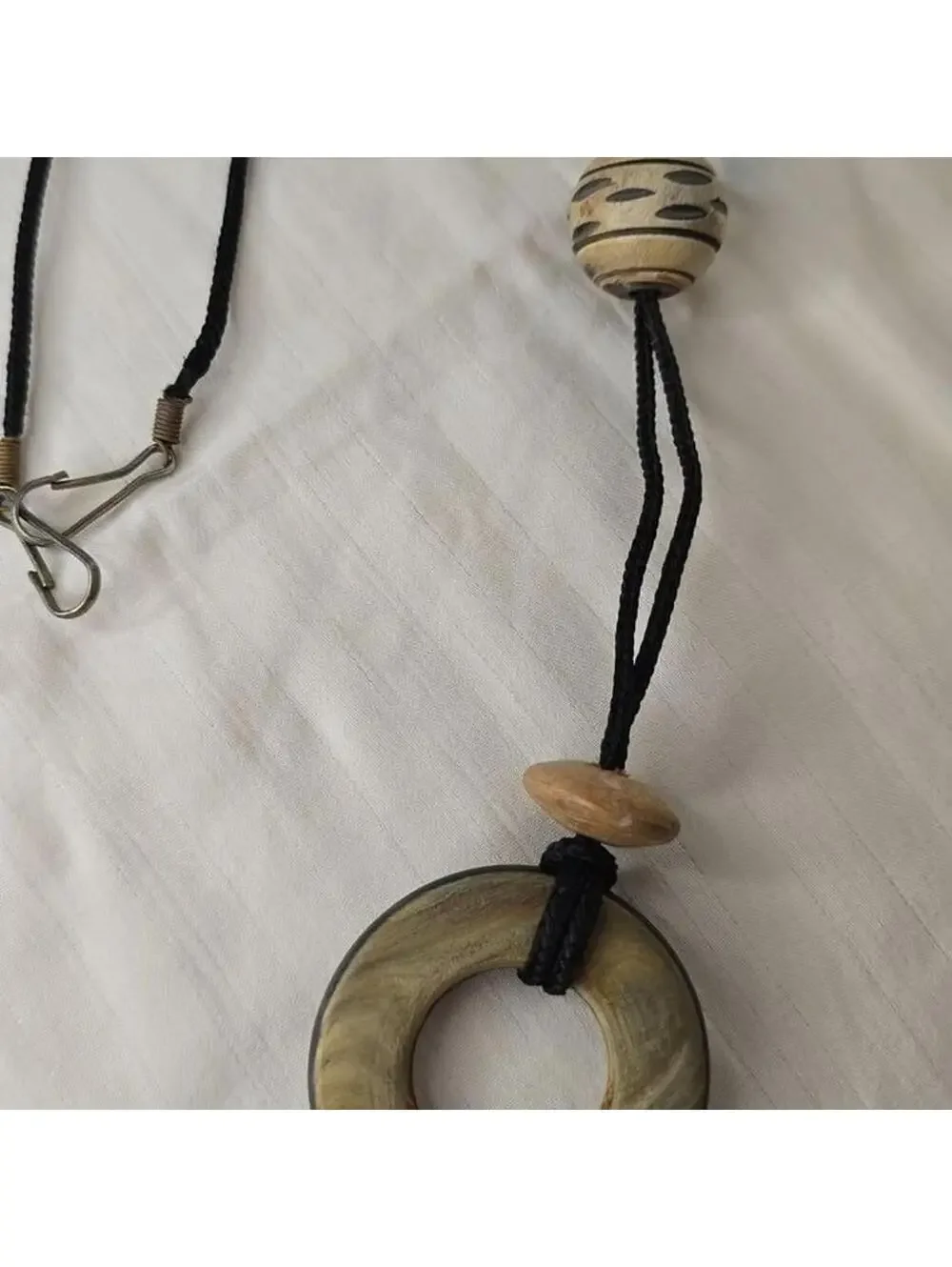Natural Coconut Shell Round Pendant with Yellow Bead Black Chain Necklace